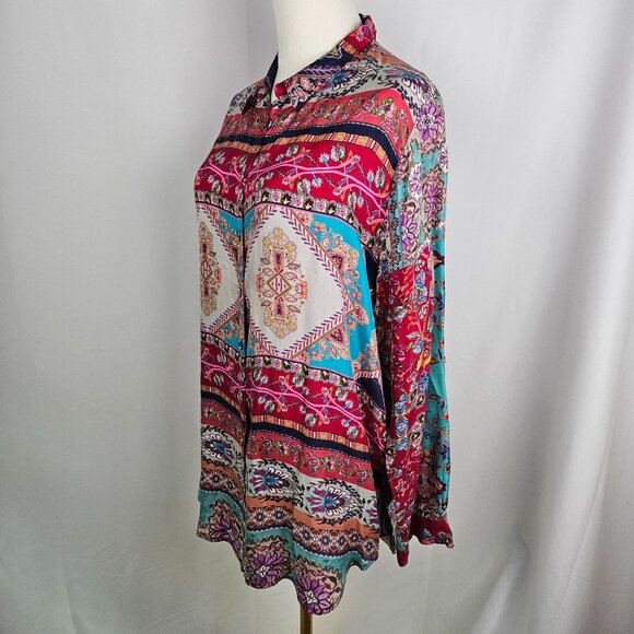 Johnny Was Silk Shirt Sz Medium Meco Scarf Print Boho Maximalism Artsy - Picture 5 of 14